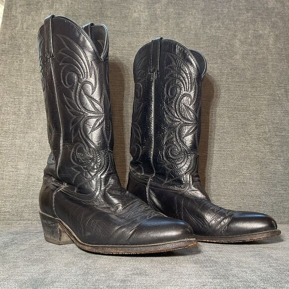 VTG Black Cowboy Boots Men's Size 11R Western Leather Classic Pointed Toe - Picture 1 of 4